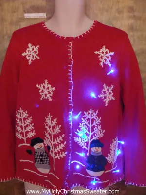 Super Cute Red Light Up Ugly Xmas Sweater with Snowmen