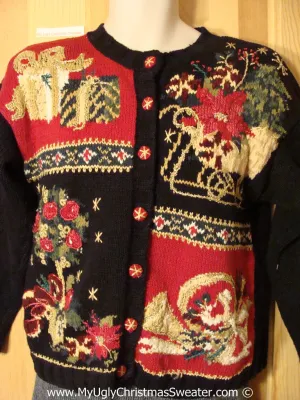 Tacky Holiday Sweater with Poinsettia, Gifts, and Horn (f1081)