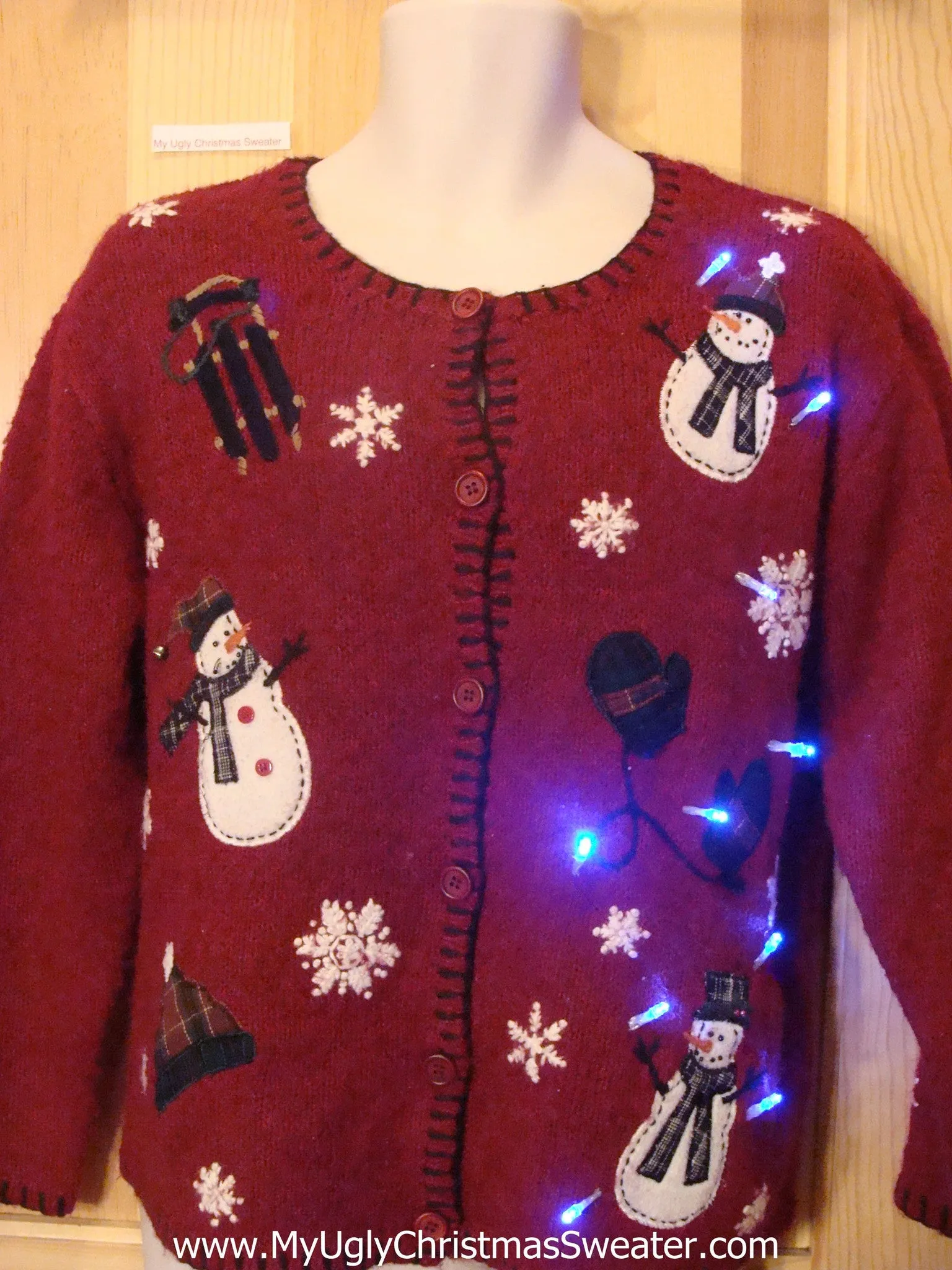 Tacky Light Up Christmas Sweater Cardigan with Snowmen Sled Mittens