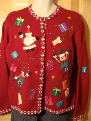 Tacky Ugly Christmas Sweater with Santa and Elves and Bling Sequin Gifts (f473)