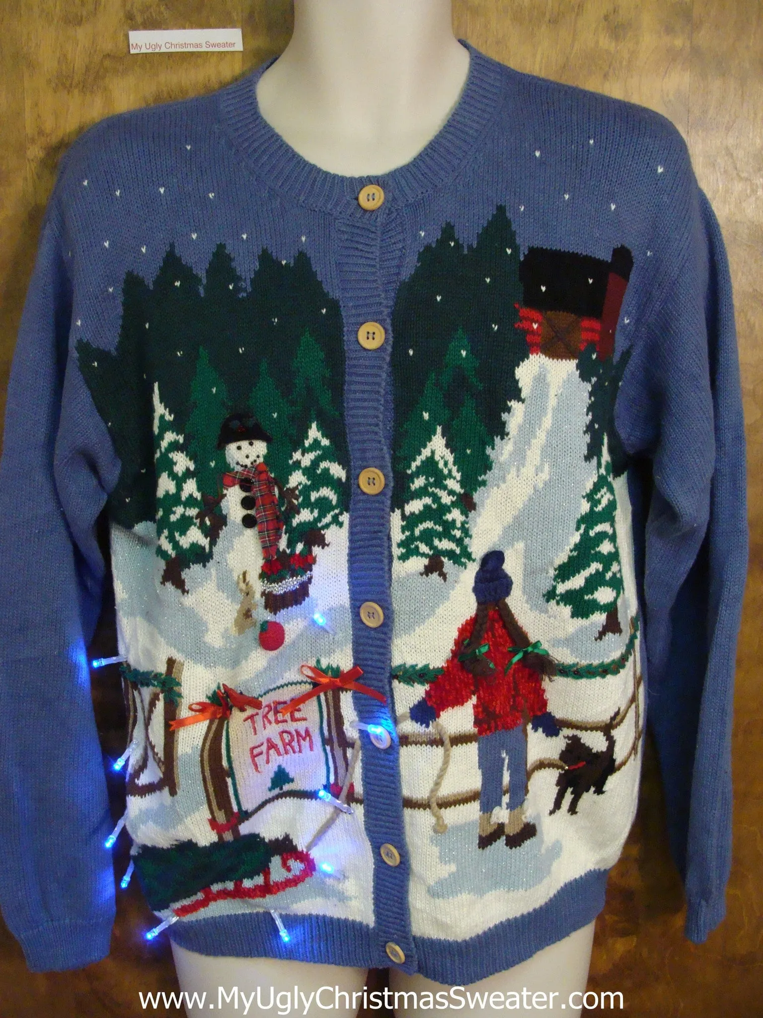 TREE FARM Winter Scene Tacky Xmas Sweater with Lights