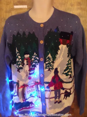 TREE FARM Winter Scene Tacky Xmas Sweater with Lights