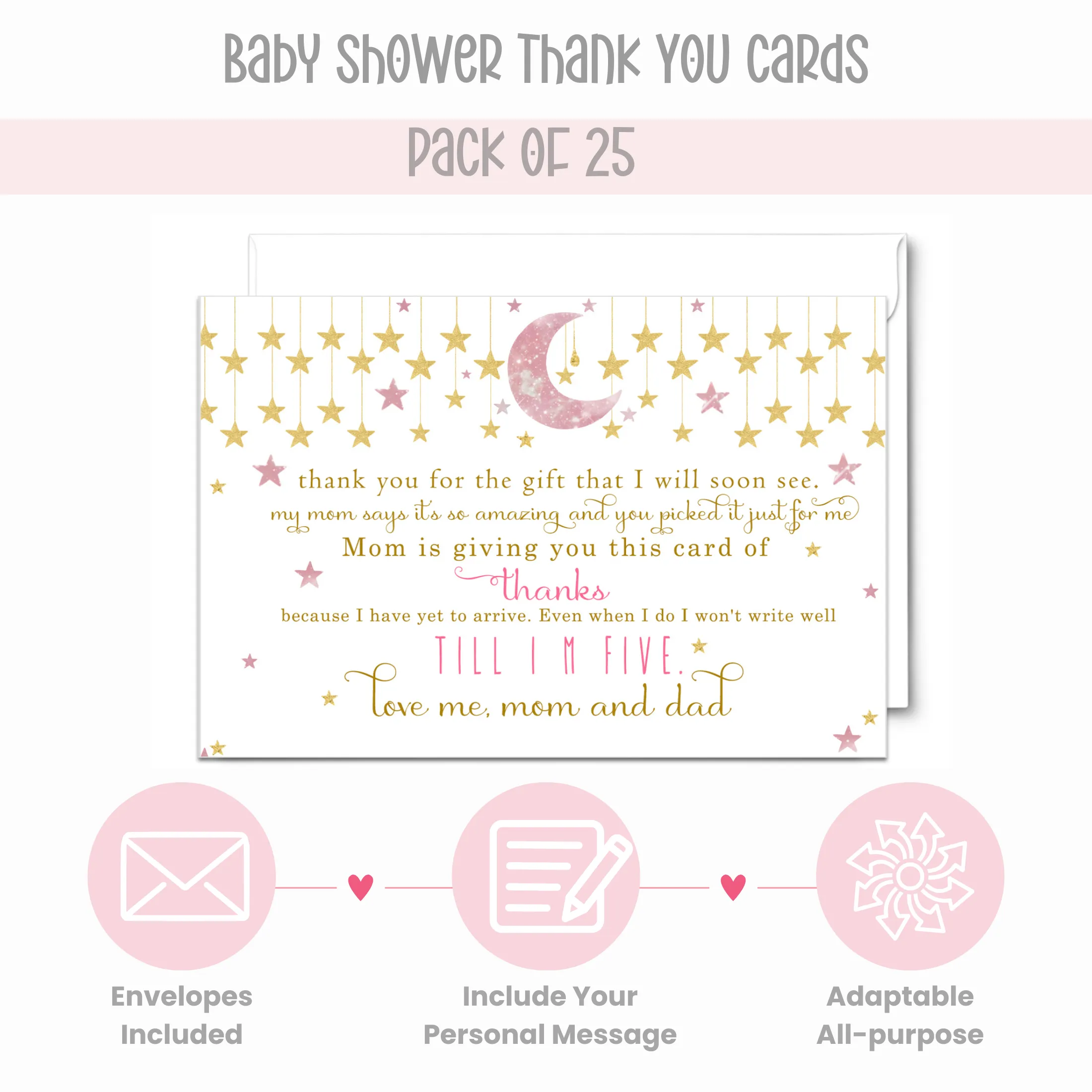 Twinkle Little Star Thank You Cards for Girls – Pink and Gold Notecards (Pack of 25)