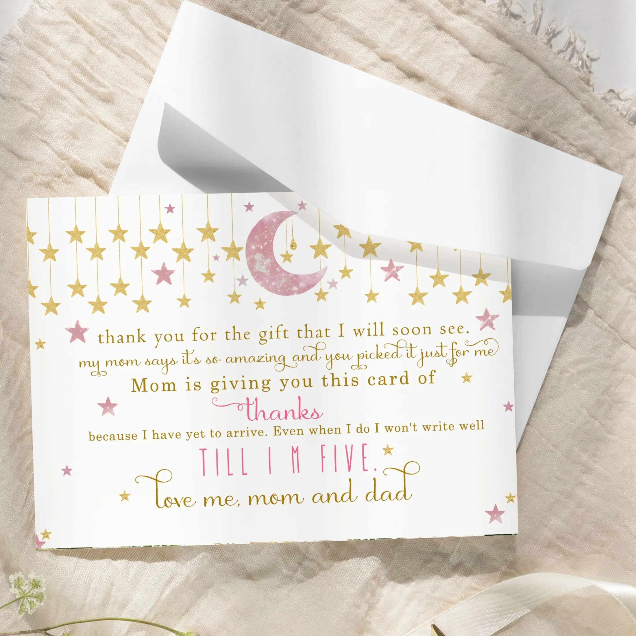 Twinkle Little Star Thank You Cards for Girls – Pink and Gold Notecards (Pack of 25)