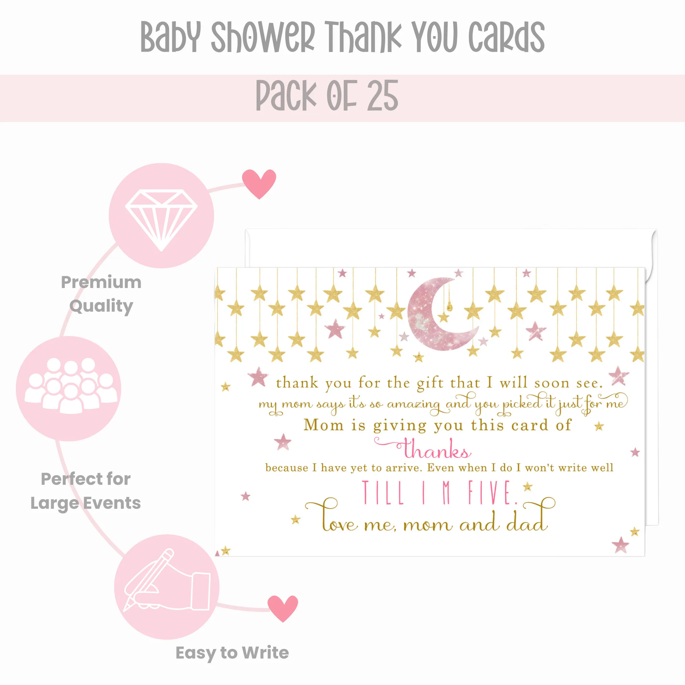 Twinkle Little Star Thank You Cards for Girls – Pink and Gold Notecards (Pack of 25)